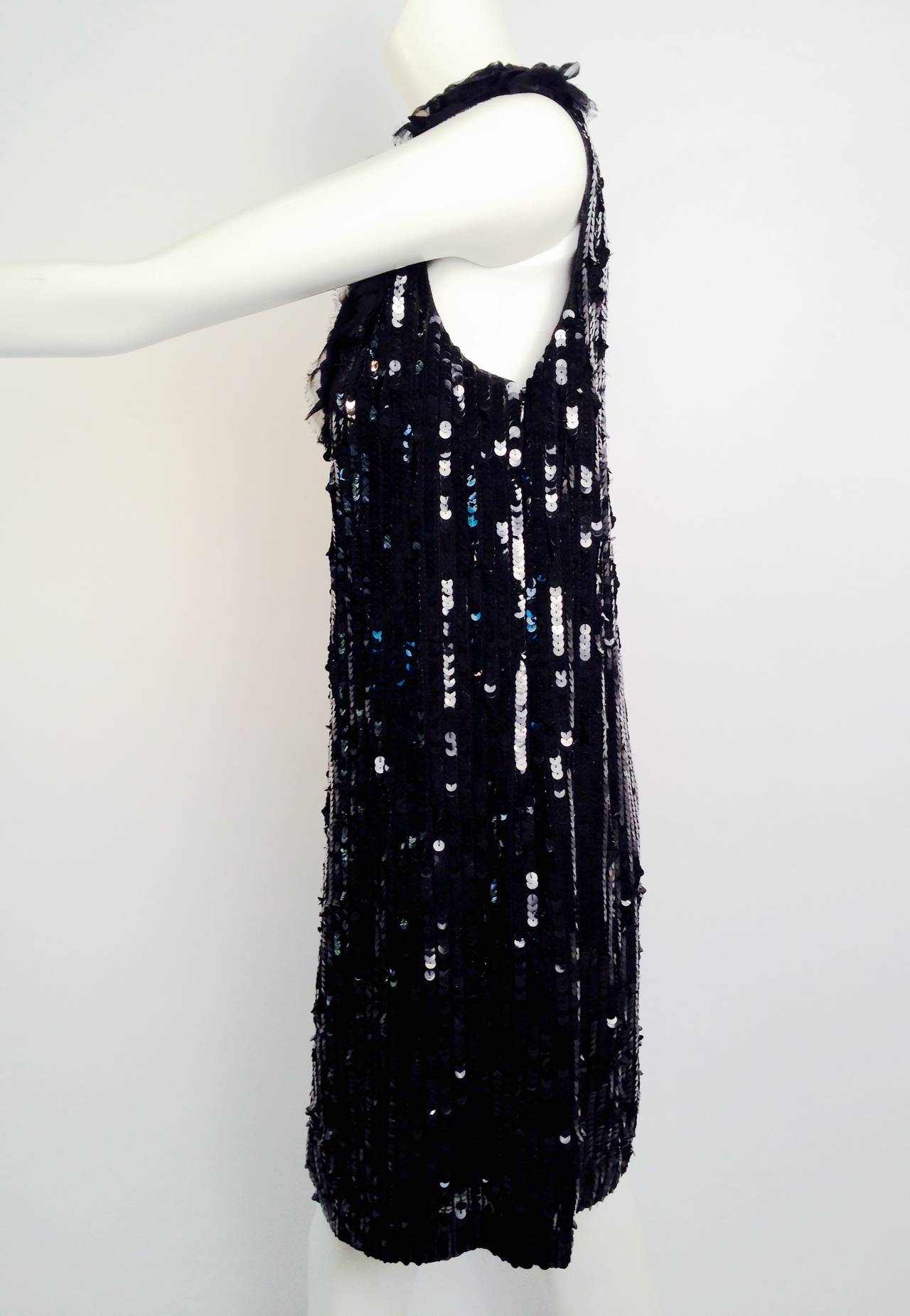 Black Marchesa Notte Sequined Sleeveless Silk Shift With Floral Applique Neckline