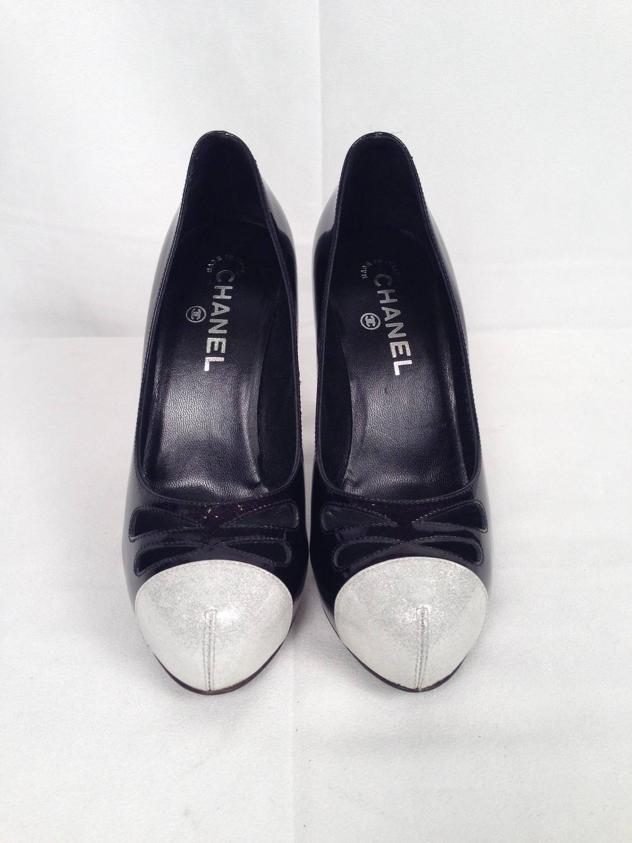 Women's Brand New Chanel Black Patent Leather Iridescent Covered Platform Pumps For Sale