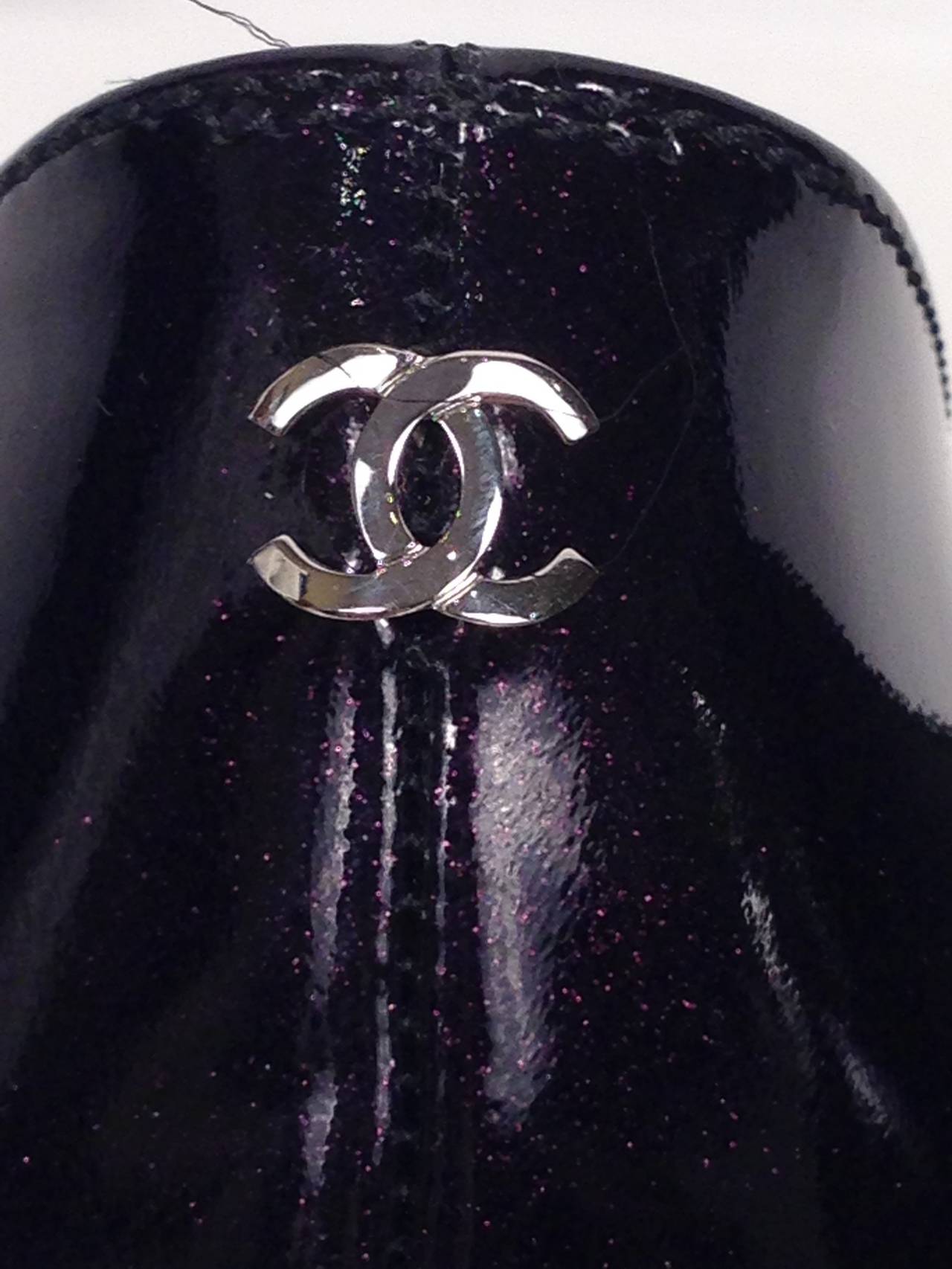 Brand New Chanel Black Patent Leather Iridescent Covered Platform Pumps For Sale 3