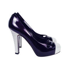 Brand New Chanel Black Patent Leather Iridescent Covered Platform Pumps