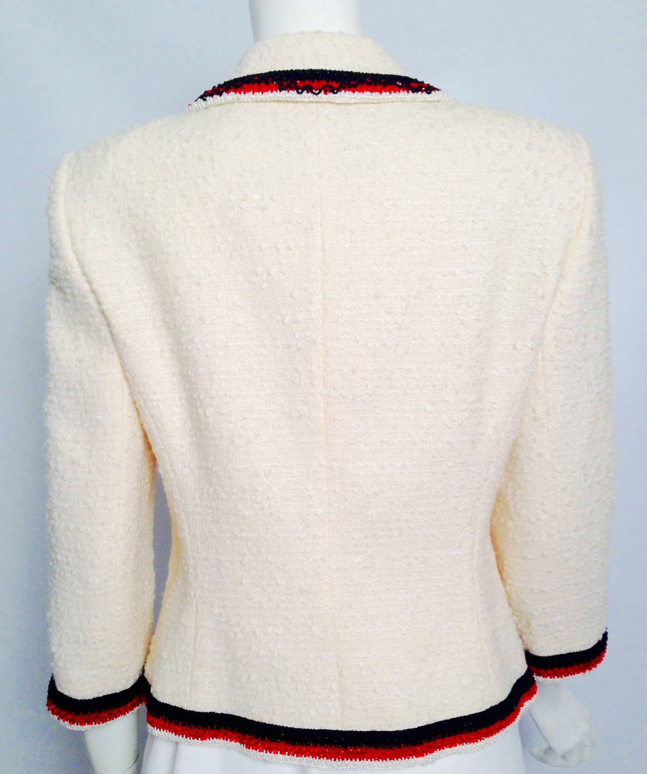 Women's Jeweled and Embroidered Escada Ivory Tweed Cropped Jacket