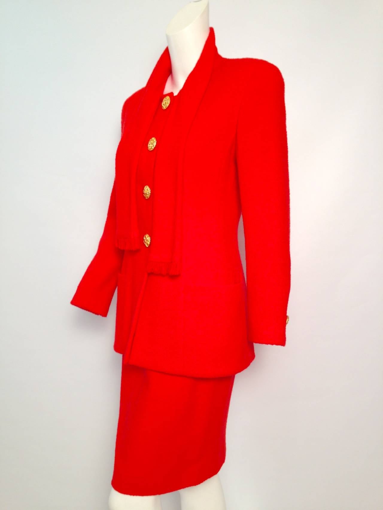 1989 Vintage Chanel Red Boucle Skirt Suit In Excellent Condition In Palm Beach, FL