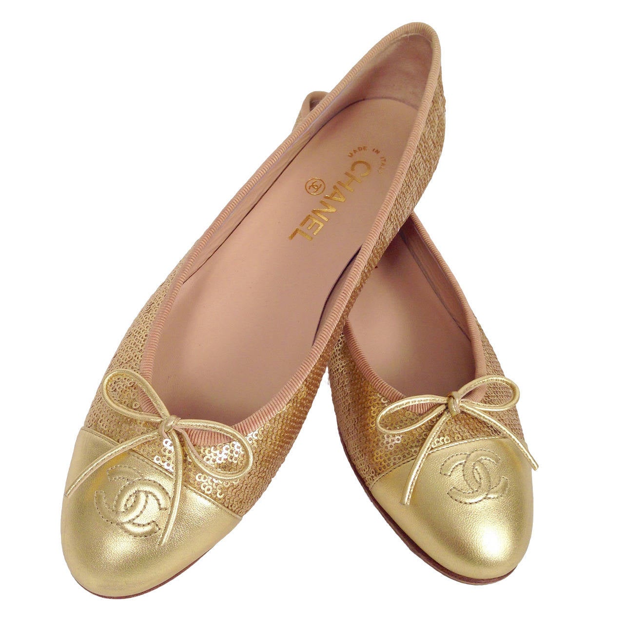 Chanel Leather and Gold Sequin Ballerina Flats With Metallic Gold Cap Toe For Sale