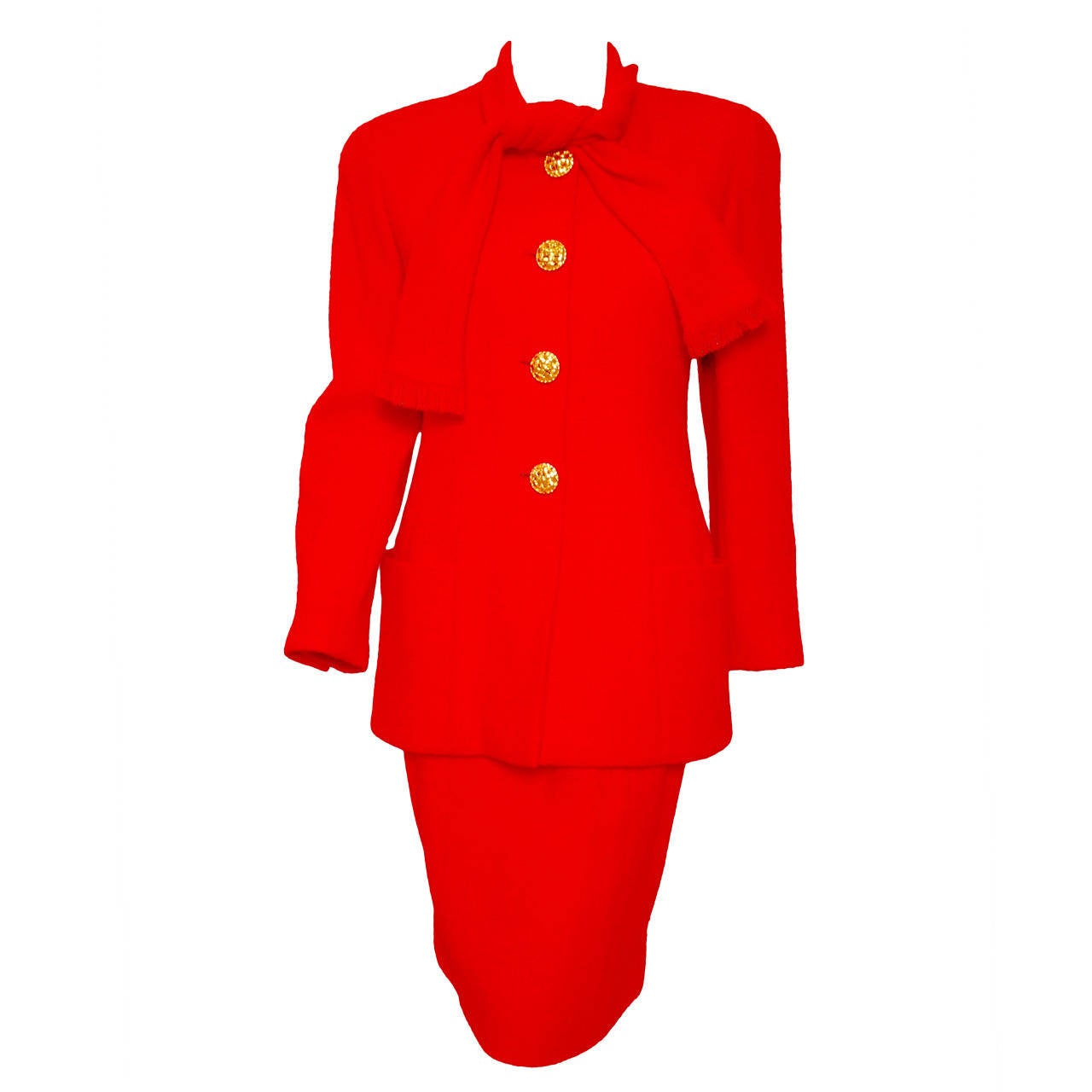 1989 Vintage Chanel Red Boucle Skirt Suit