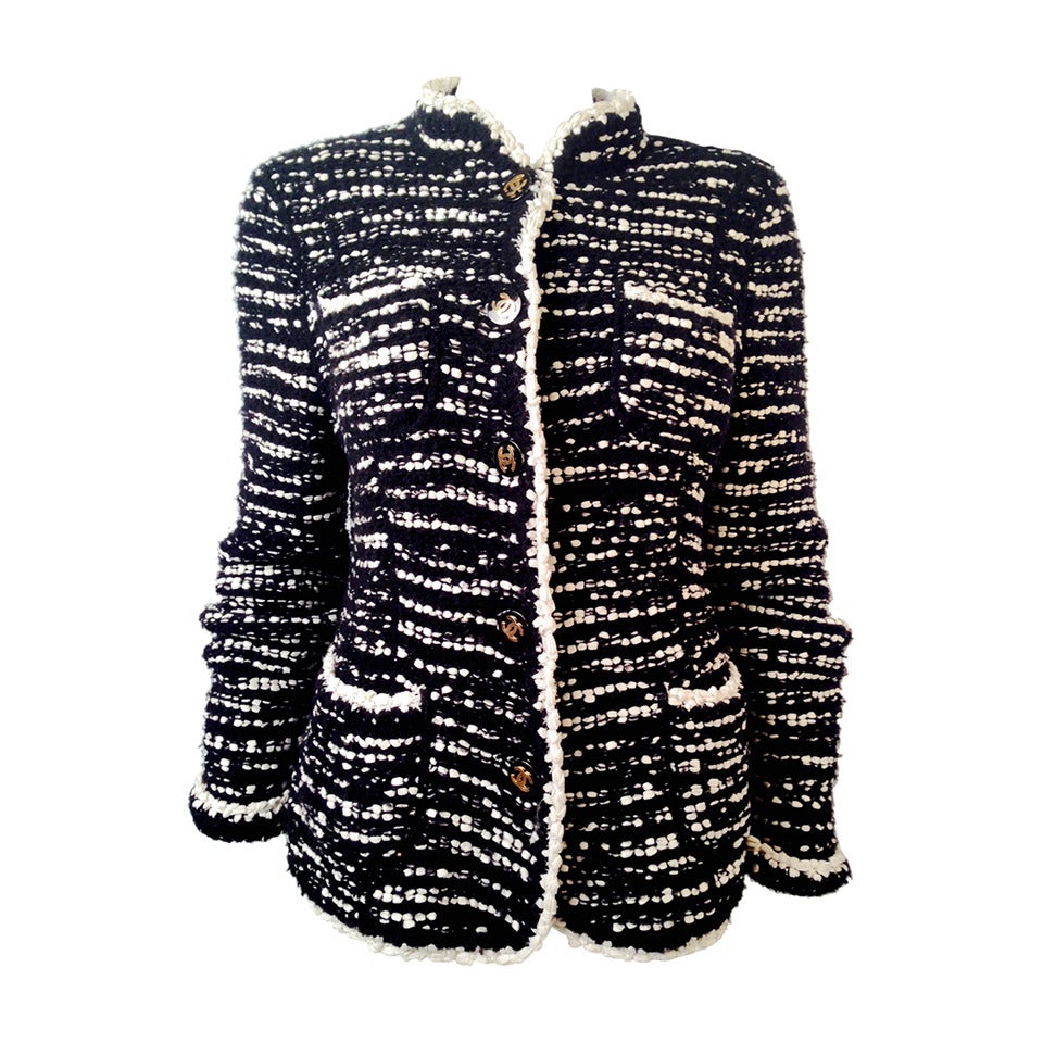 Chanel Black and White Cotton Cardigan For Sale
