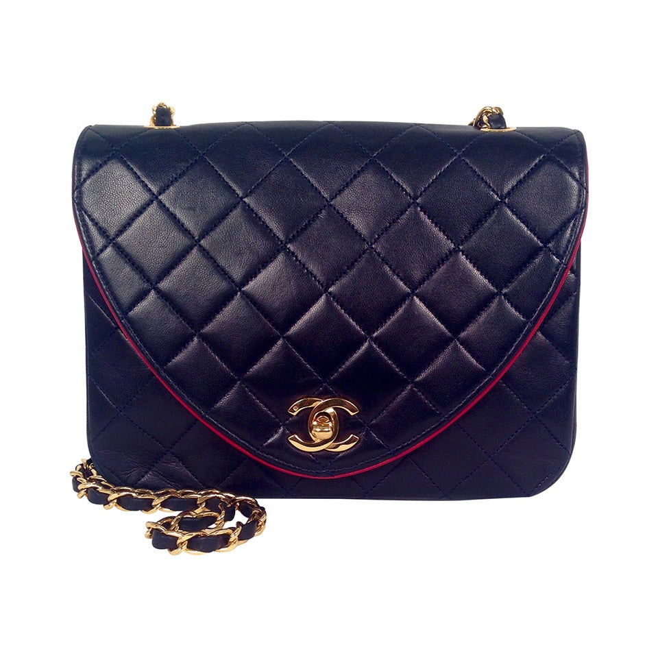Vintage Chanel Navy Diamond and Vertical Quilted Lambskin Bag For Sale