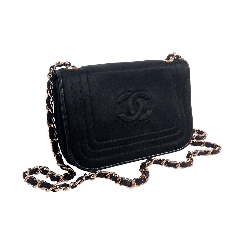 Vintage 1980s Chanel Black Satin Evening Shoulder Bag For Sale