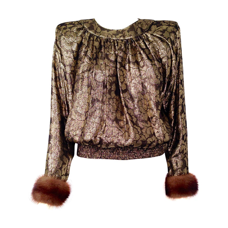 Valentino "Night" Gold Lame Blouse With Mink Cuffs