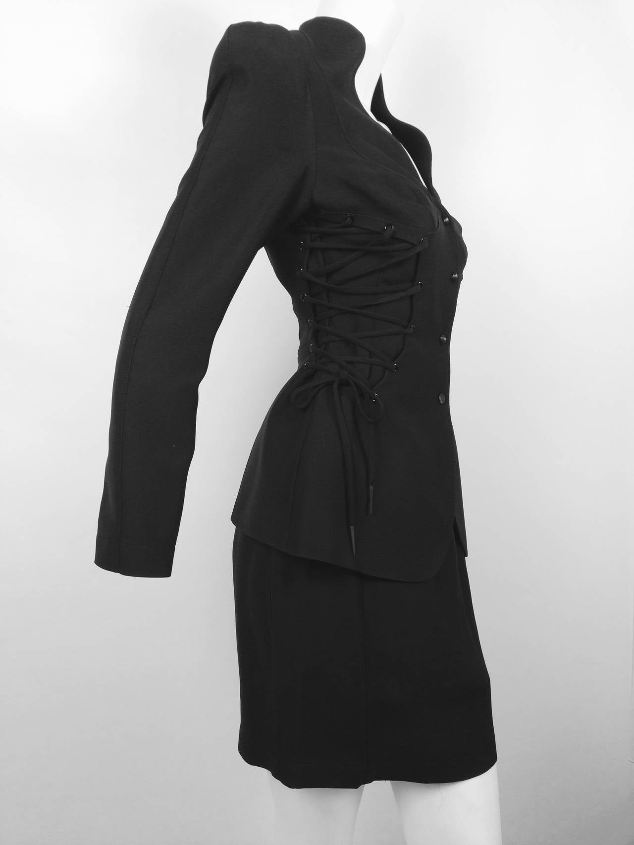 Vintage Thierry Mugler Black Suit With Corseted Jacket In Excellent Condition For Sale In Palm Beach, FL