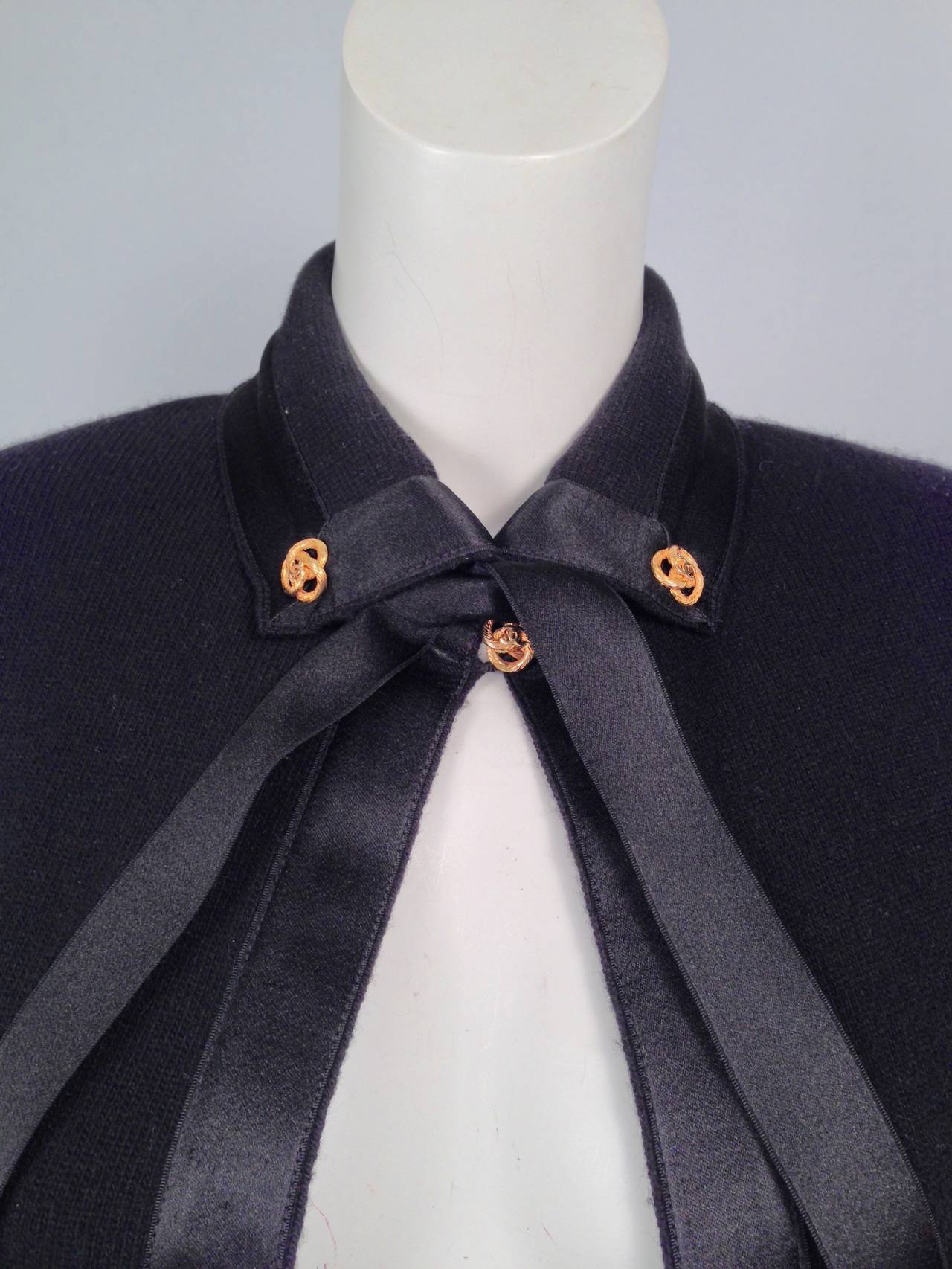1990s Chanel Cashmere Black Sweater With Satin Ribbon Trim For Sale 1