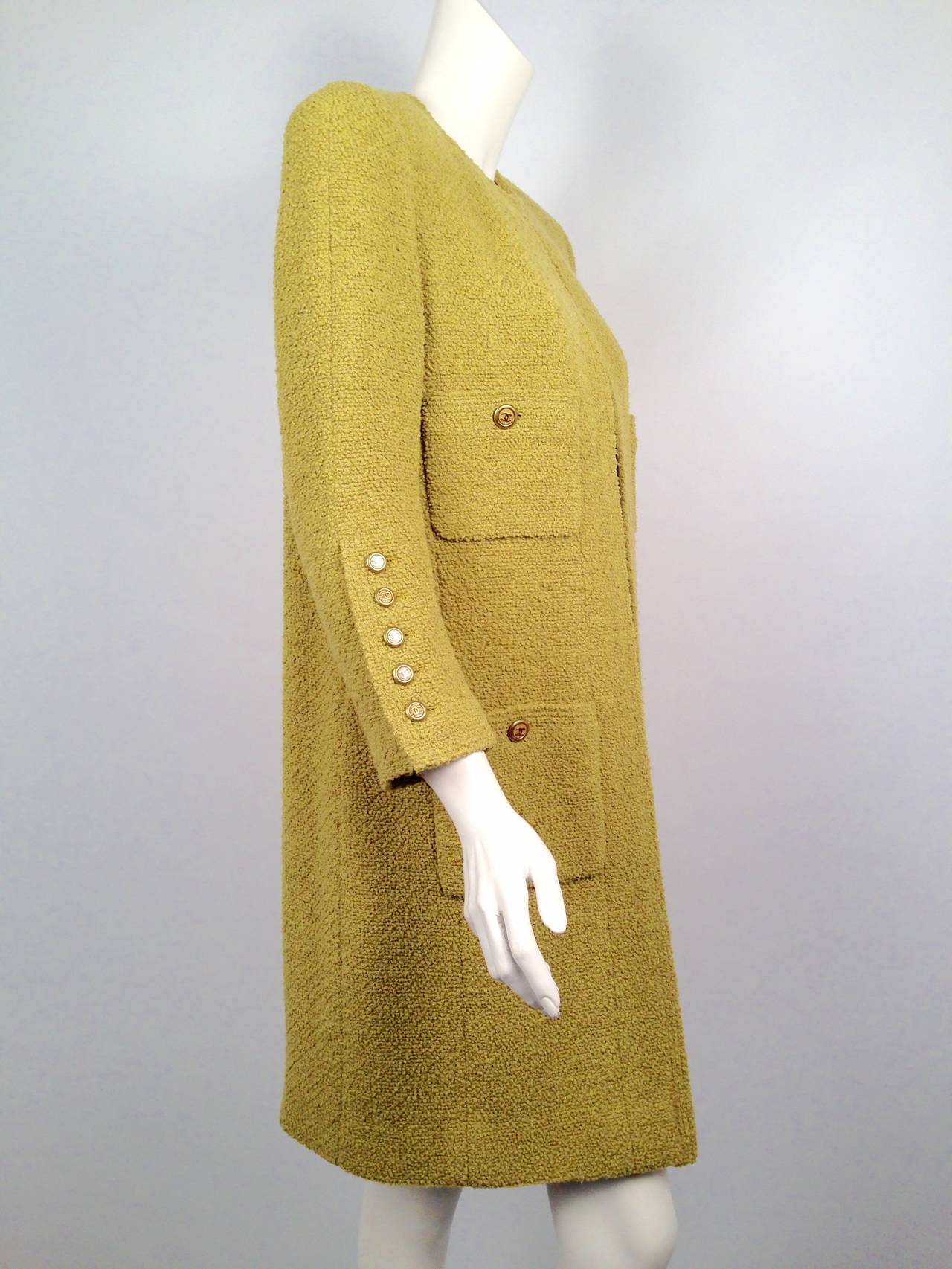 Chanel Tea Green Boucle Knee Length Coat For Sale 1