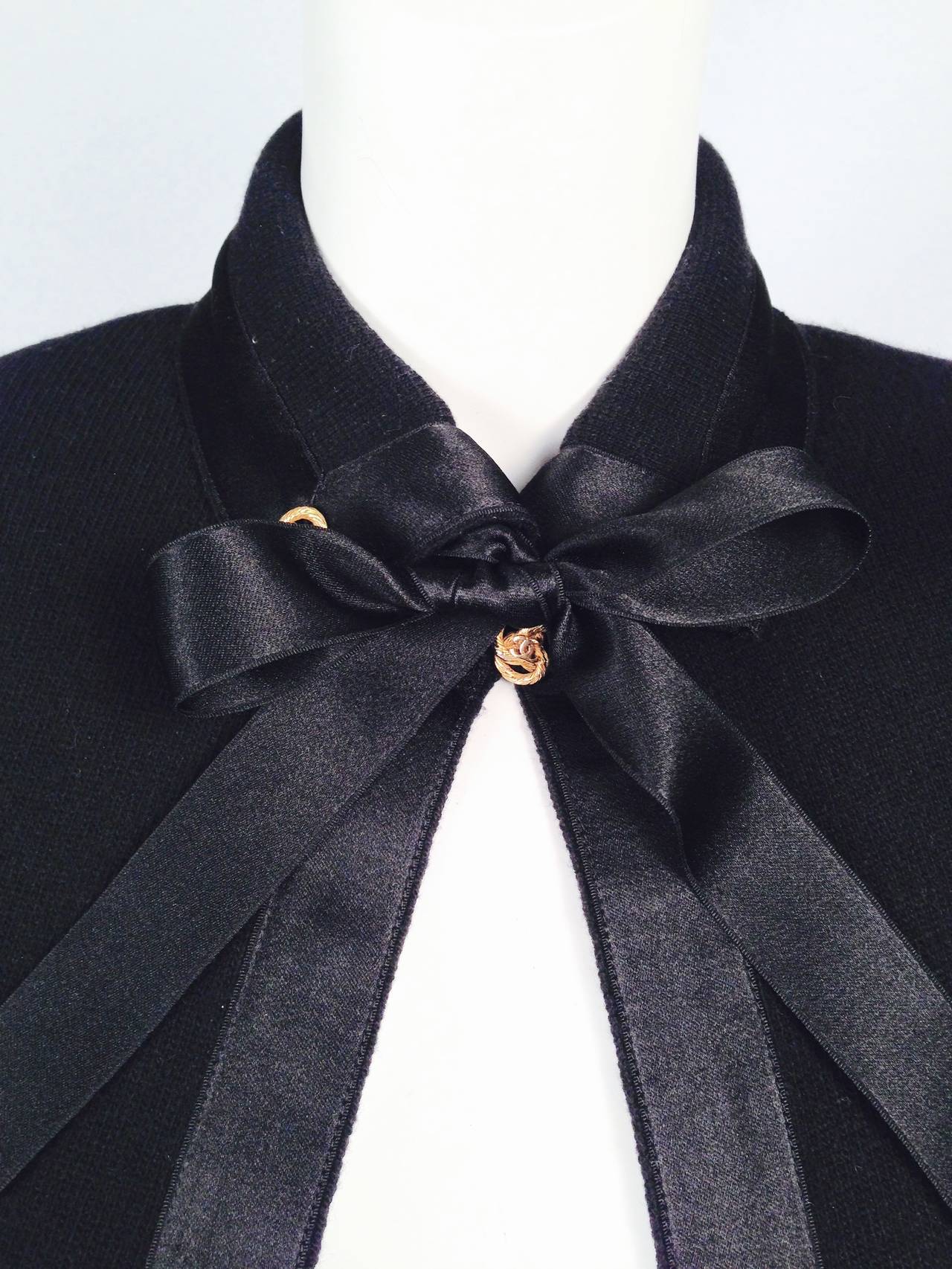 1990s Chanel Cashmere Black Sweater With Satin Ribbon Trim For Sale 2