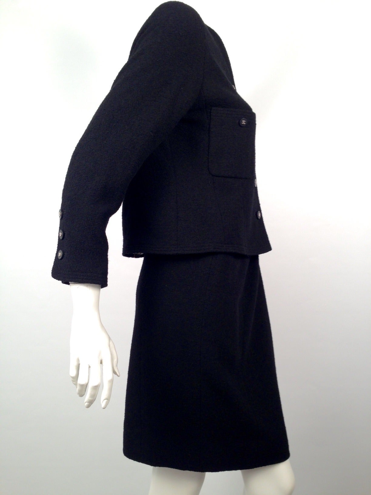 Women's 1990s Chanel Black Boucle Skirt Suit For Sale