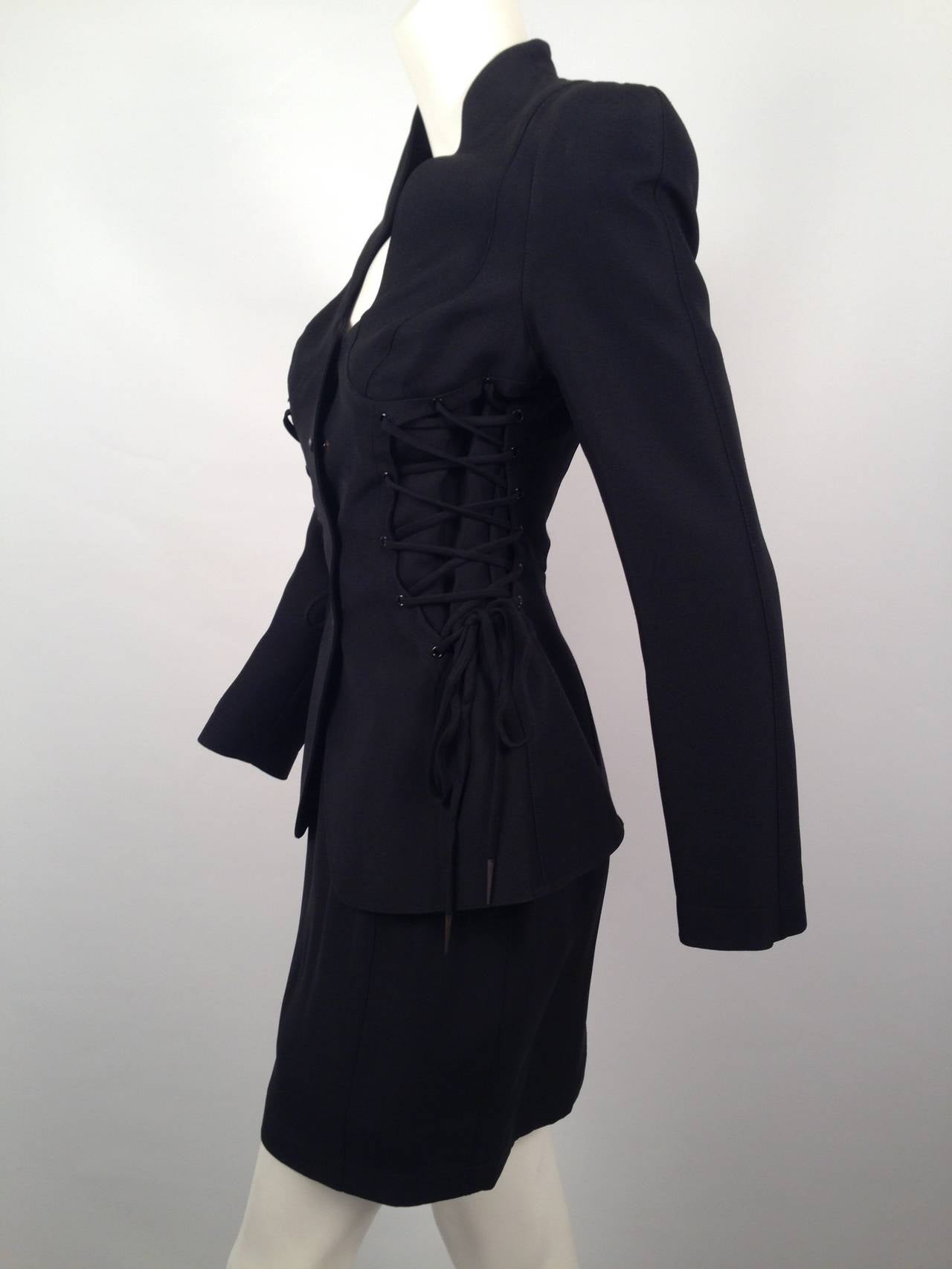 Vintage Thierry Mugler Black Suit With Corseted Jacket For Sale 1