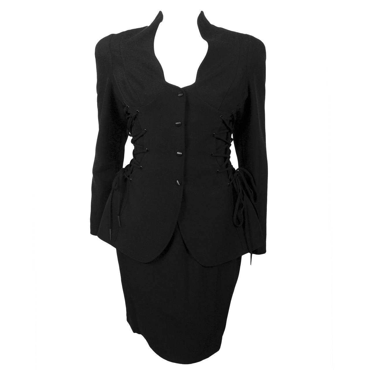 Vintage Thierry Mugler Black Suit With Corseted Jacket For Sale