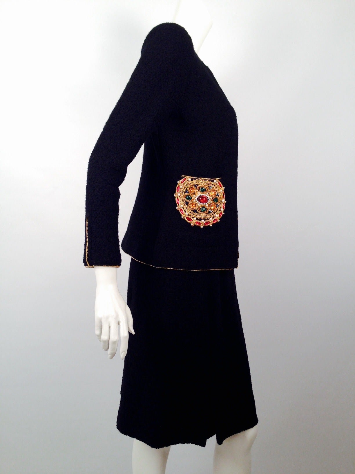 Black Vintage Adolfo Bejeweled Wool Boucle Skirt Suit For Sale