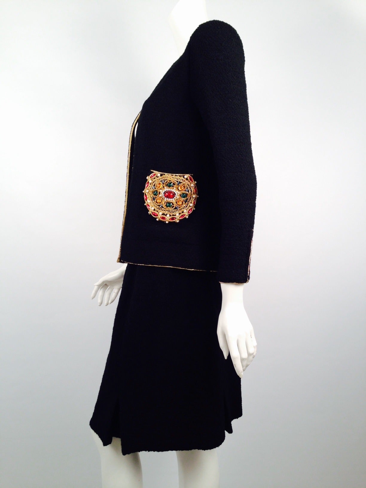 Vintage Adolfo Bejeweled Wool Boucle Skirt Suit For Sale 2