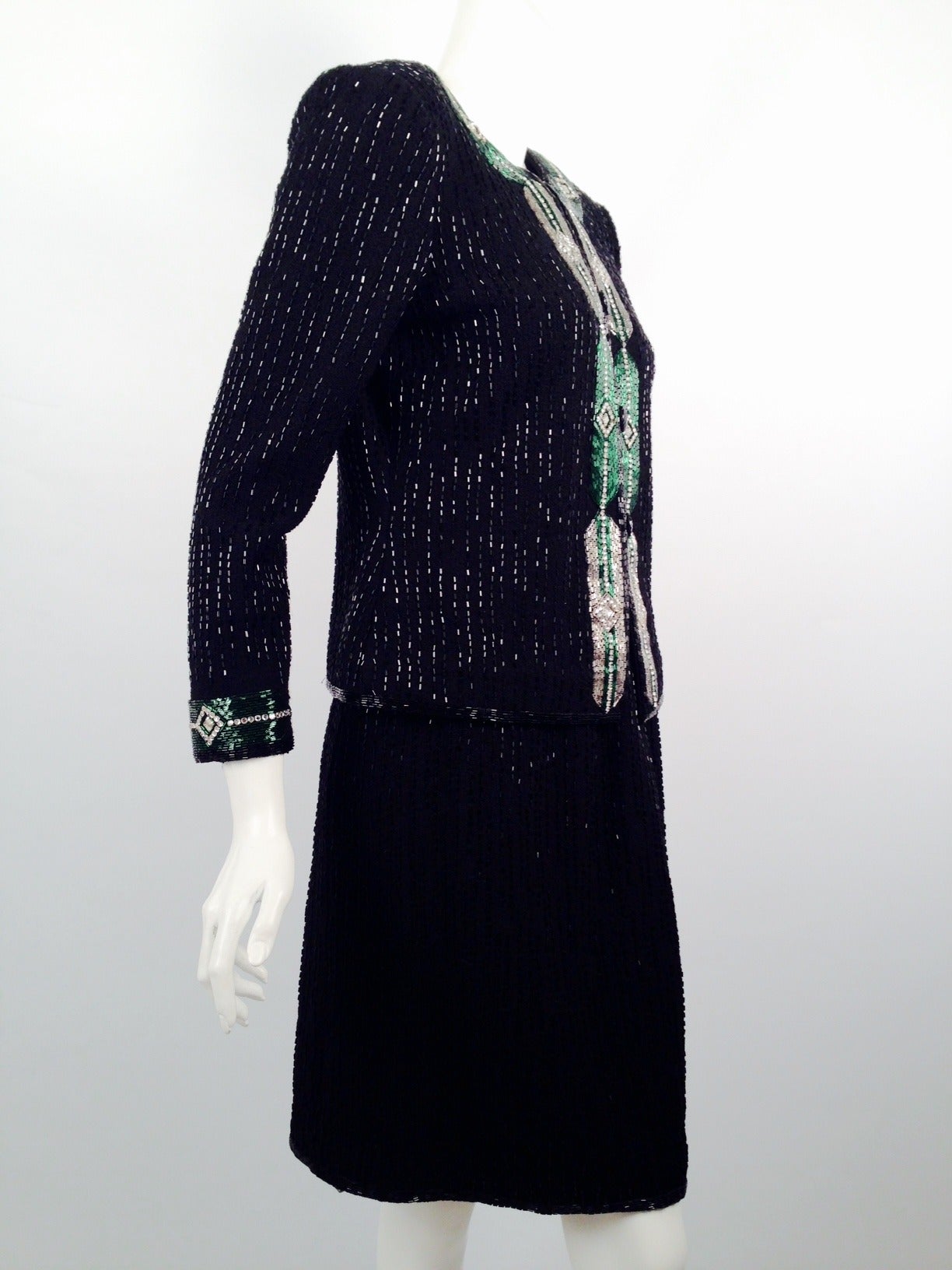 Black Vintage Adolfo Boucle Deco Bugle Bead Skirt Suit For Sale