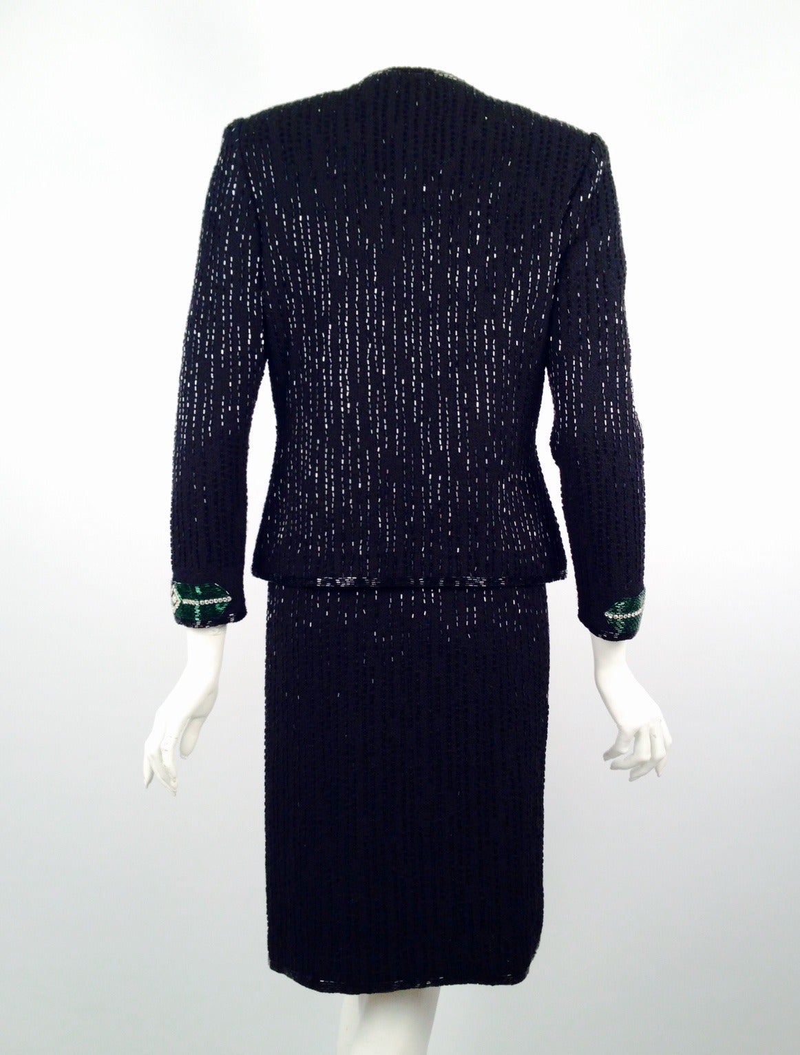 Vintage Adolfo Deco Bugle Bead Skirt Suit pays homage to the classic skirt suit!  Boucle wool?  But of course!  Exquisite bugle beads and rhinestones bedazzle all admirer's.  