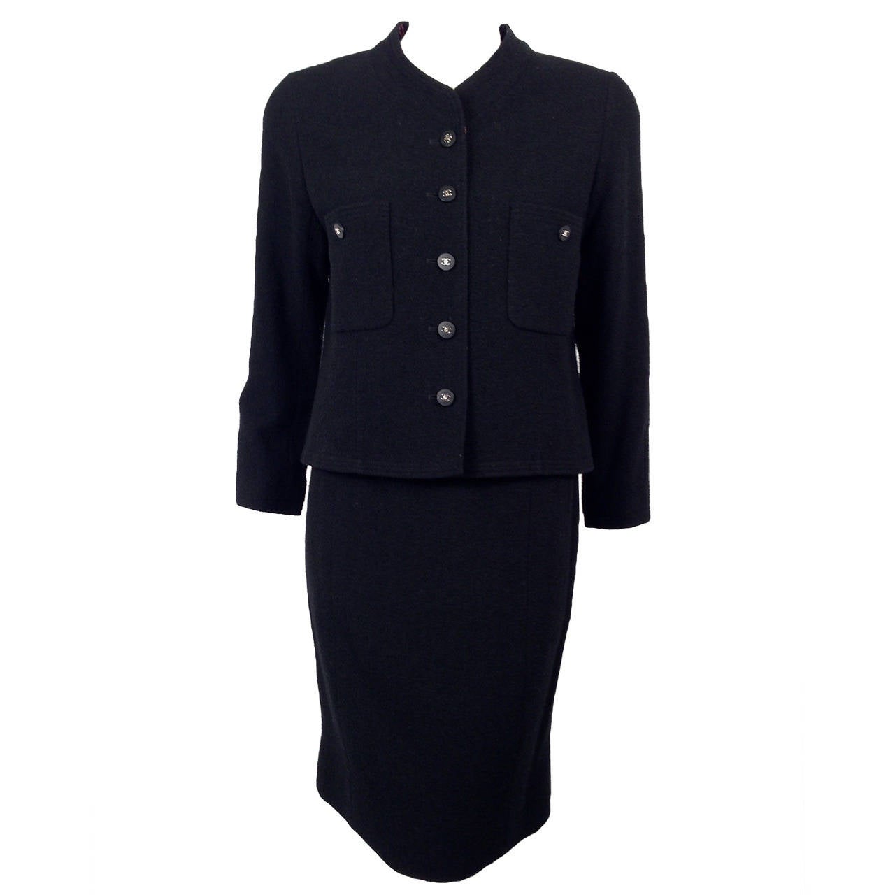 1990s Chanel Black Boucle Skirt Suit For Sale