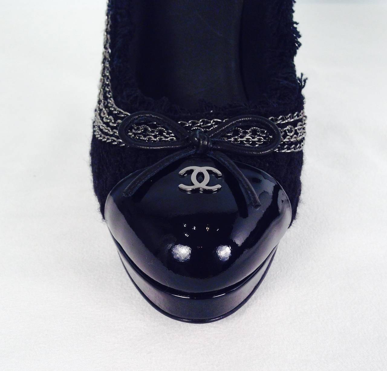 Women's Brand New Chanel Tweed and Patent Leather Platform Pumps With Chain Detail For Sale