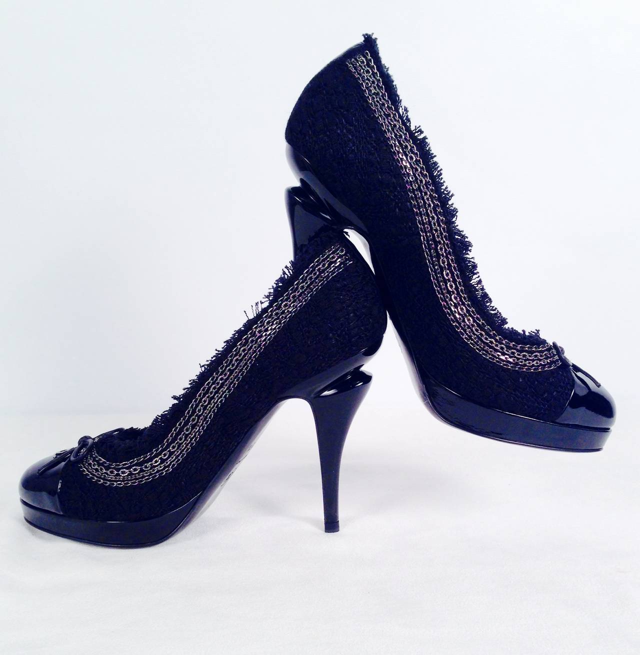 Brand New Chanel Tweed and Patent Leather Platform Pumps With Chain Detail For Sale 3