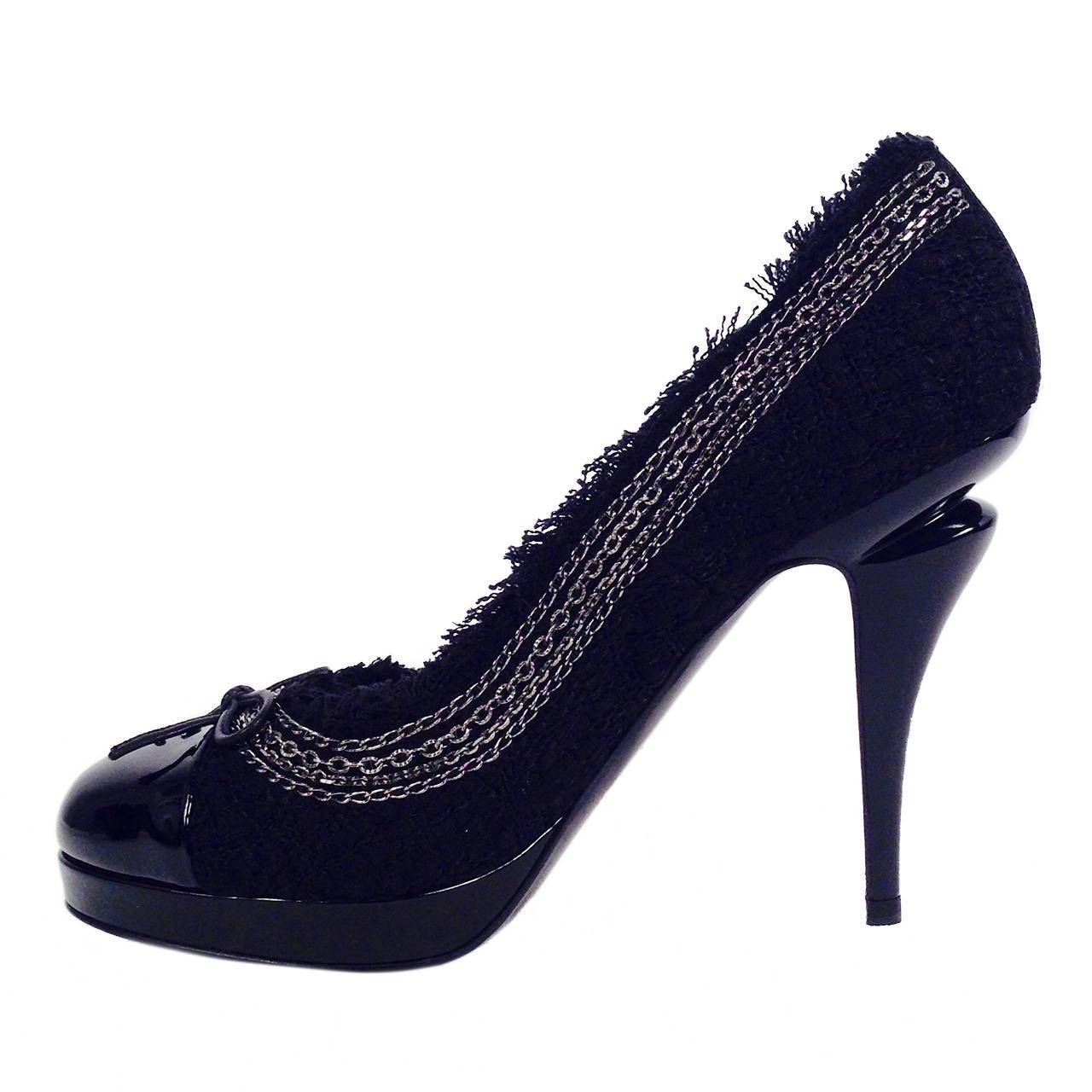 Brand New Chanel Tweed and Patent Leather Platform Pumps With Chain Detail For Sale