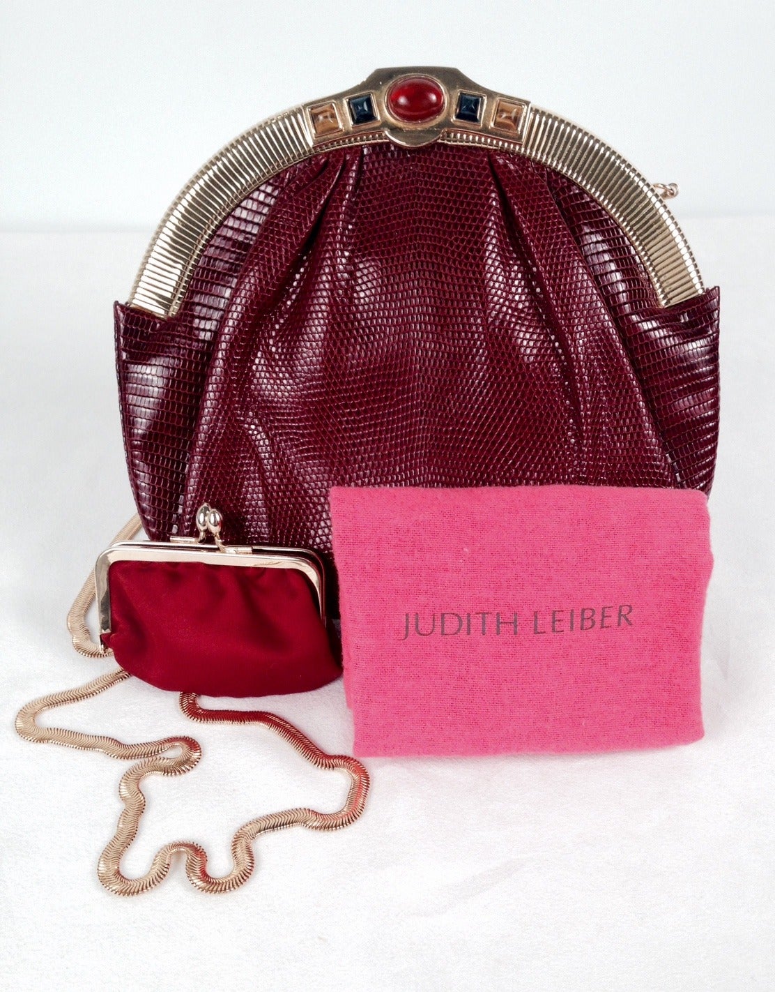 Women's Vintage Judith Leiber Burgundy Lizard Evening Bag With Jeweled Clasp For Sale