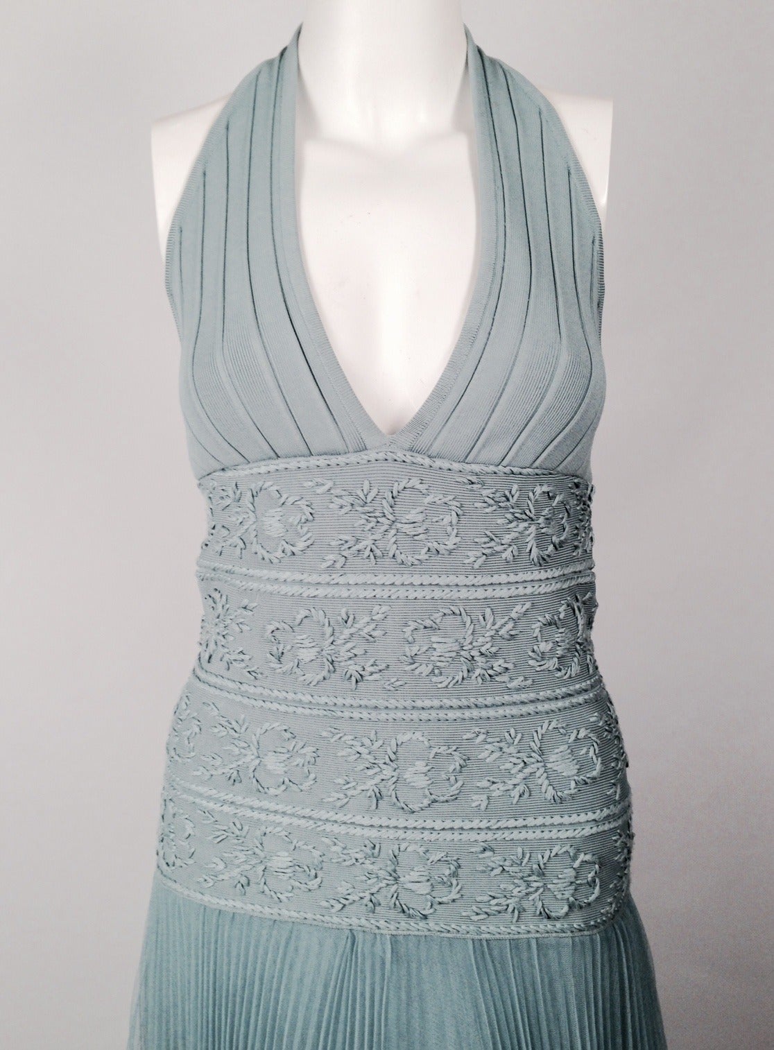 Herve Leger Gown With Embroidered Bodice and Knife Pleated Full Skirt For Sale 2