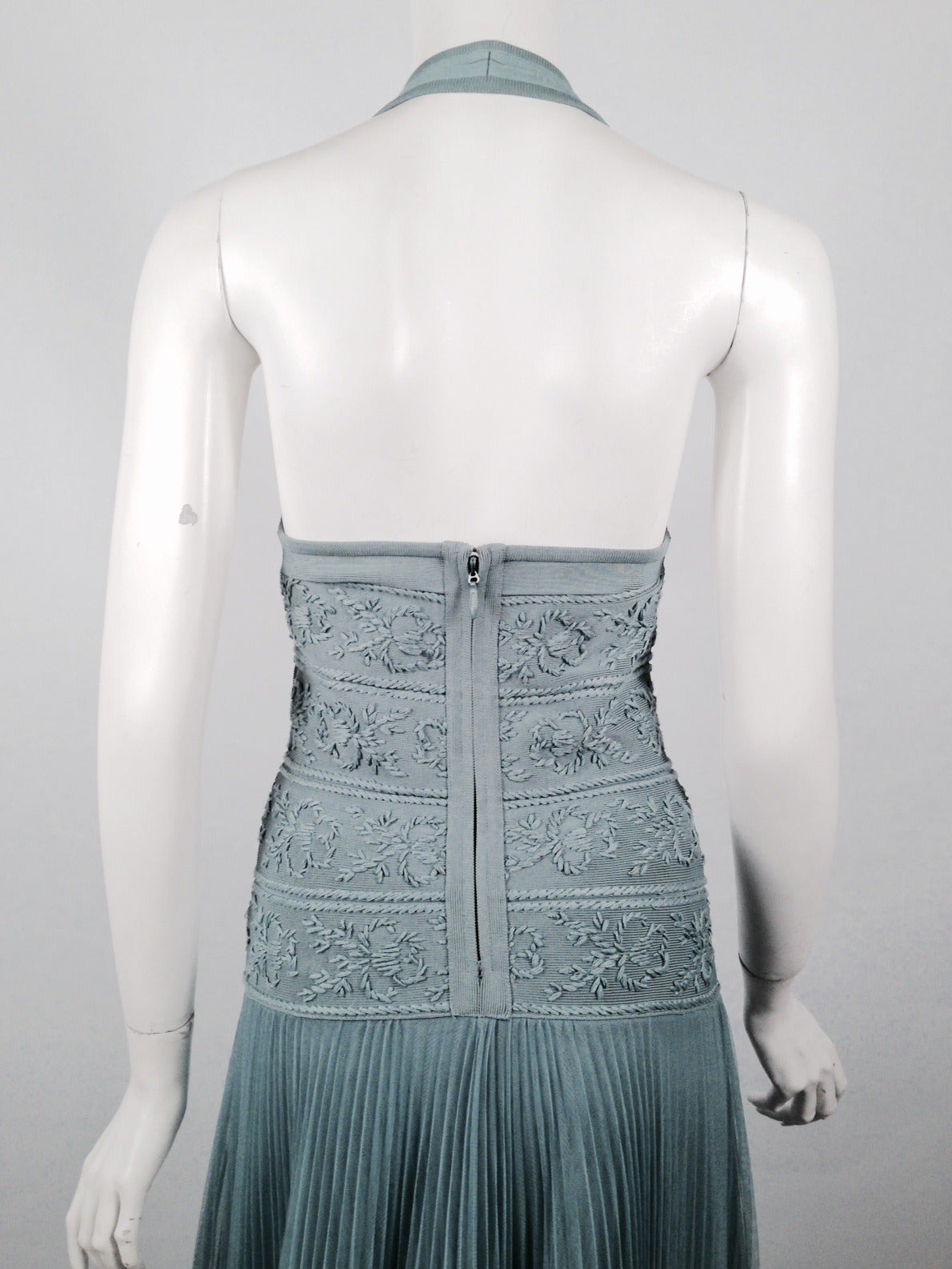 Herve Leger Gown With Embroidered Bodice and Knife Pleated Full Skirt In Excellent Condition For Sale In Palm Beach, FL
