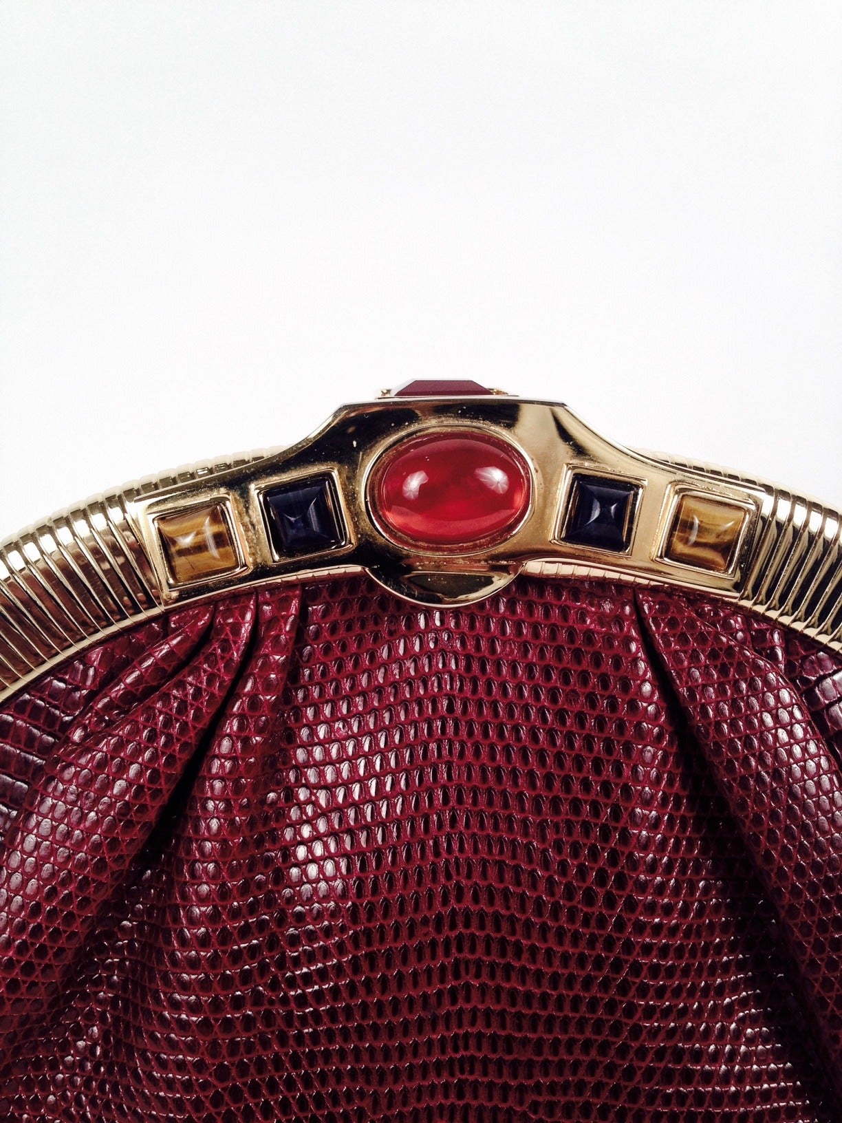 Vintage Judith Leiber Burgundy Lizard Evening Bag With Jeweled Clasp For Sale 2
