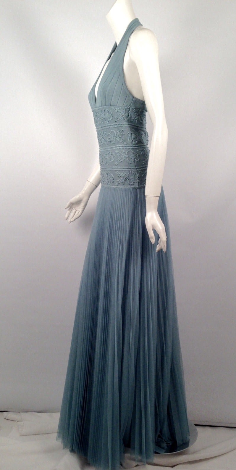 Herve Leger Gown With Embroidered Bodice and Knife Pleated Full Skirt For Sale 1