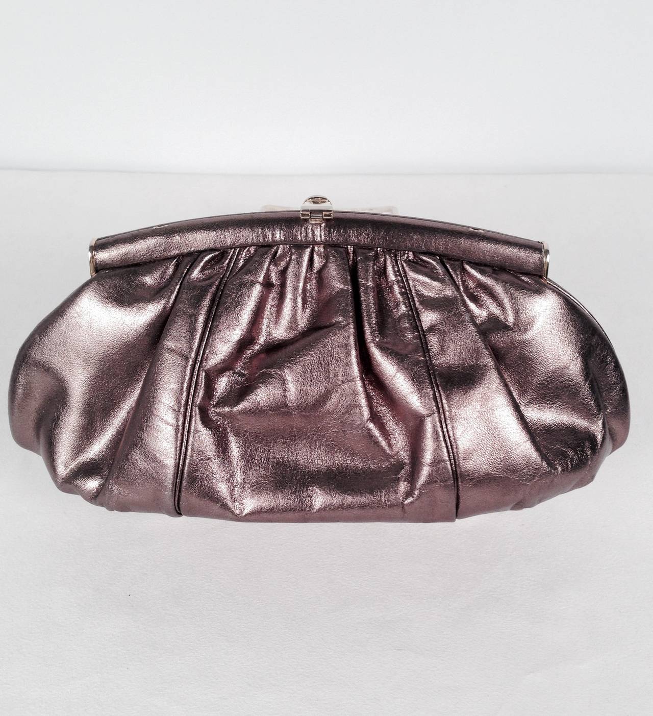 Gray Vintage Judith Leiber Metallic Leather Evening Bag With Jeweled Clasp