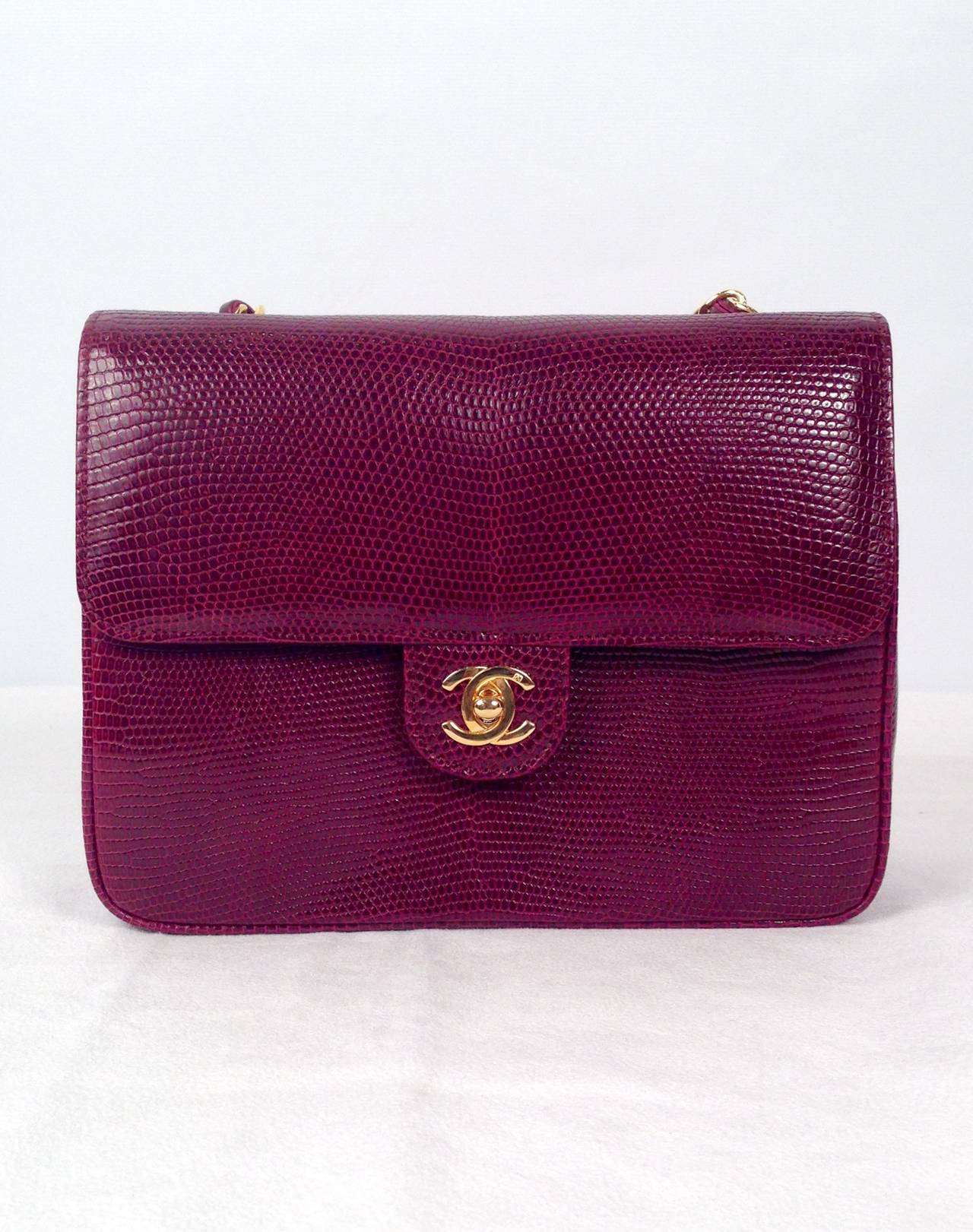 Vintage Chanel Burgundy Lizard Single Flap Bag In Excellent Condition For Sale In Palm Beach, FL