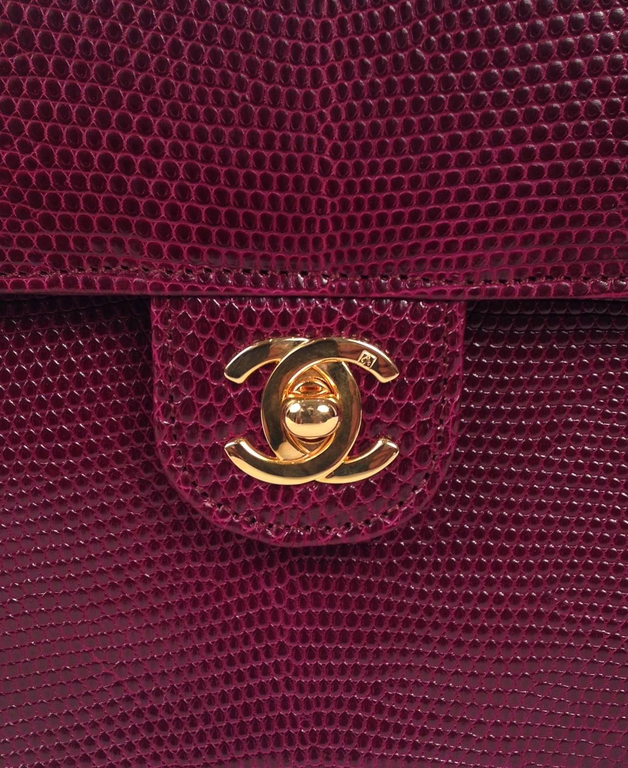 Vintage Chanel Burgundy Lizard Single Flap Bag For Sale 2