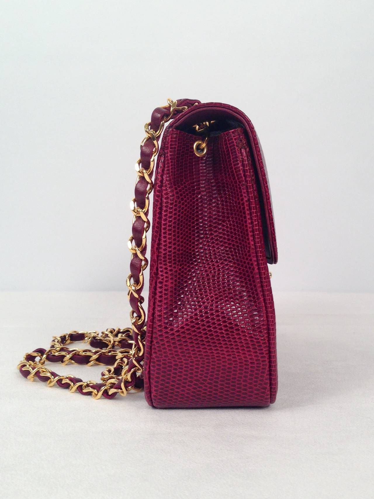 Vintage Chanel Burgundy Lizard Single Flap Bag For Sale 1