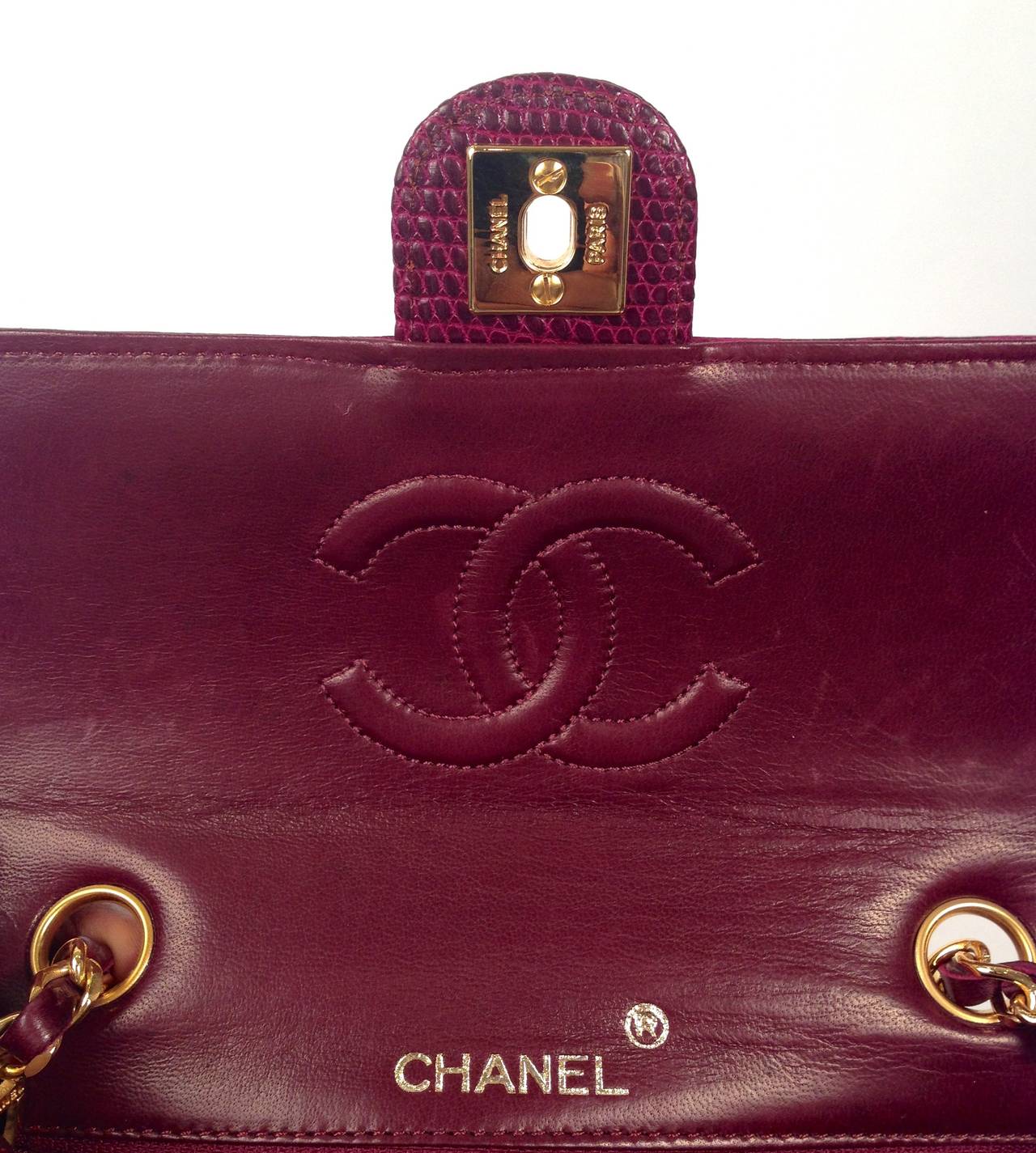Vintage Chanel Burgundy Lizard Single Flap Bag For Sale 3