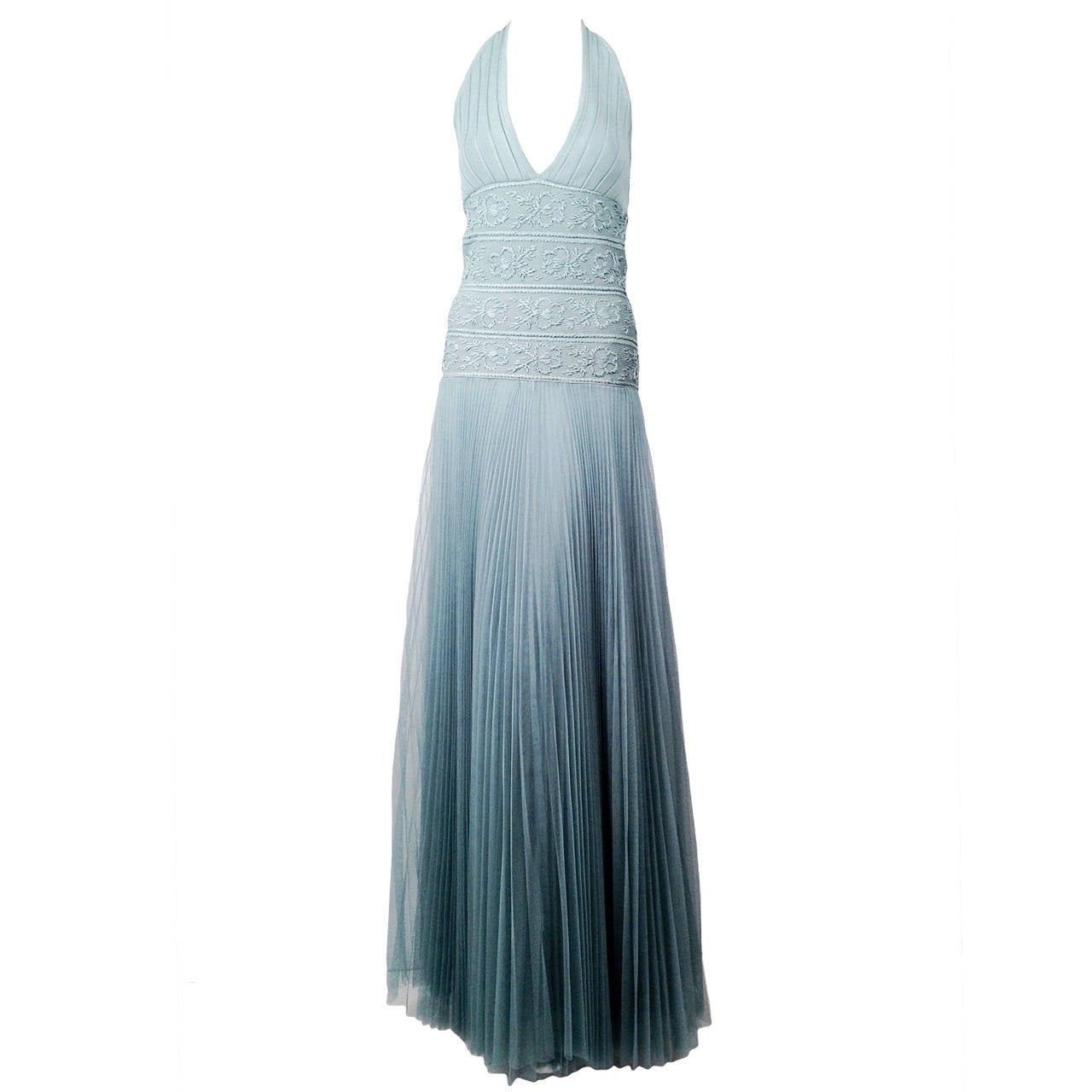 Herve Leger Gown With Embroidered Bodice and Knife Pleated Full Skirt For Sale