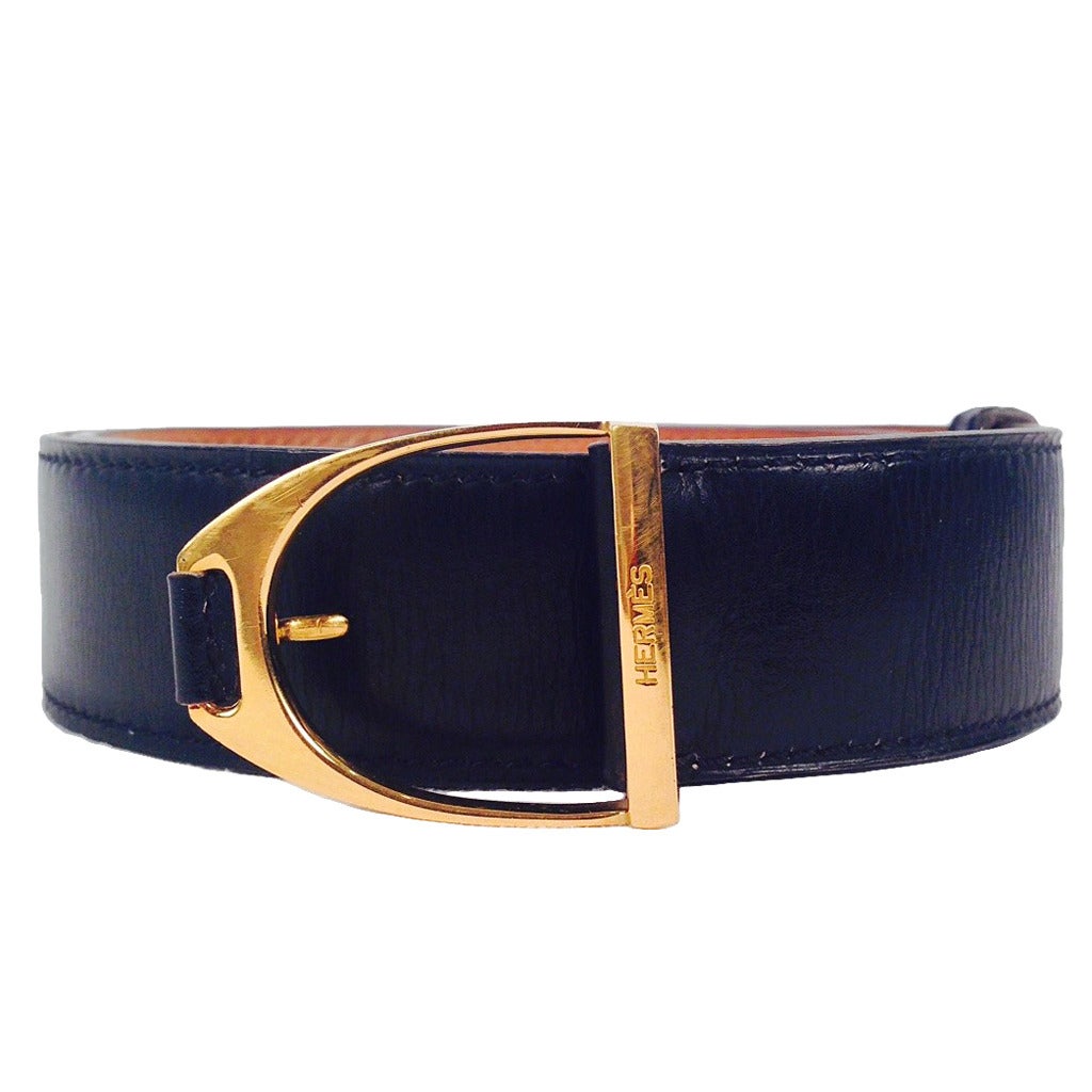 Vintage Hermès Black Leather Belt With Gold Tone Buckle at 1stDibs