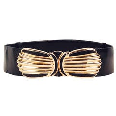 Vintage Judith Leiber Black Lizard Belt with Gold Tone Art Deco Bucle