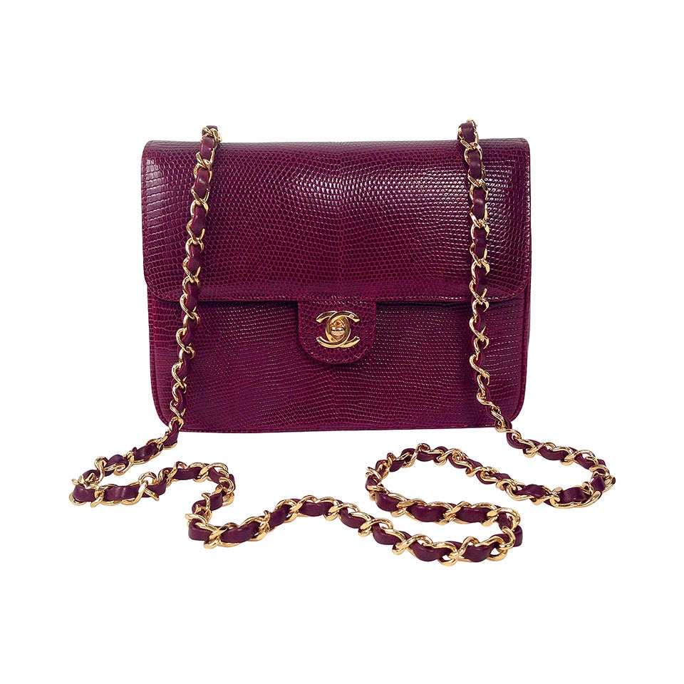 Vintage Chanel Burgundy Lizard Single Flap Bag For Sale