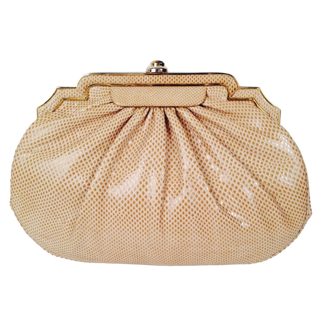Vintage Judith Leiber Taupe Lizard Skin Evening Bag With Tiger's Eye For Sale