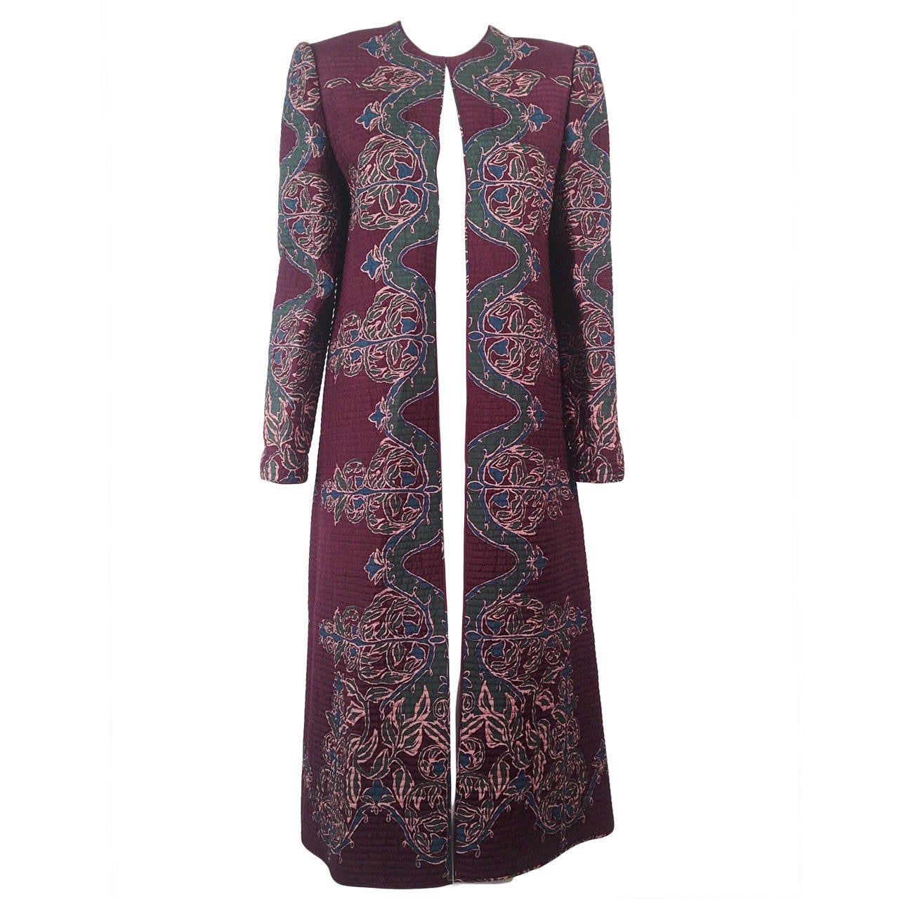 Vintage Mary McFadden Quilted Aubergine Print Silk Coat For Sale