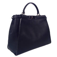 Brand New Fendi Black Selleria Grained Leather "Peekaboo" Bag