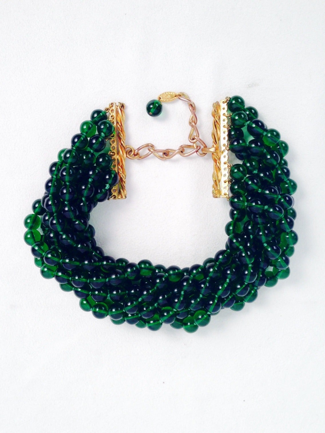 Retro Chanel Gripoix Green Glass Bead Seven Strand Torsade For Sale