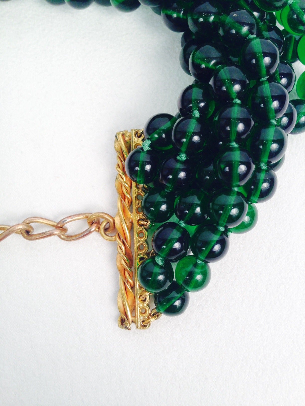 Chanel Gripoix Green Glass Bead Seven Strand Torsade In Excellent Condition For Sale In Palm Beach, FL