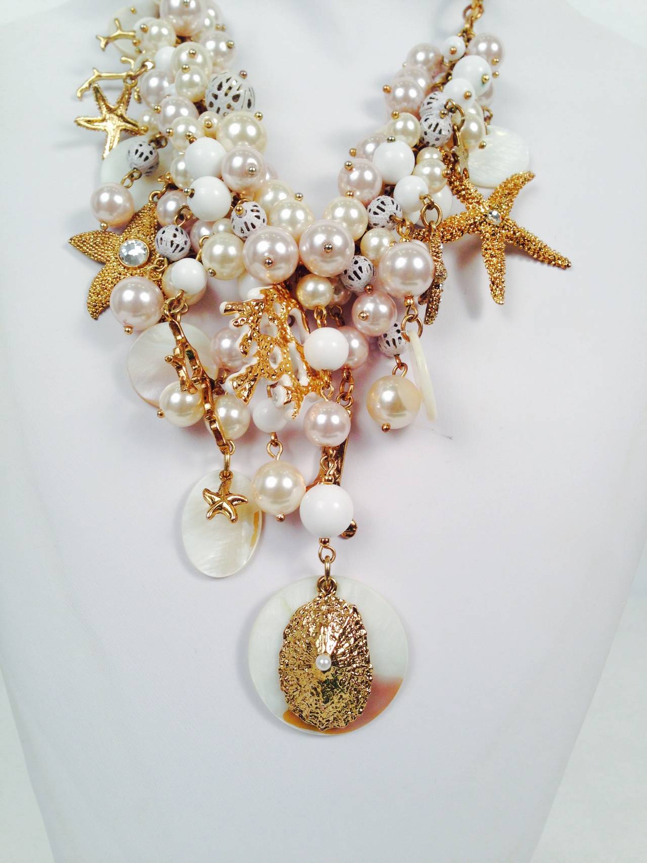 Sequin Adjustable Faux Pearl and Sea Shell Necklace For Sale 1