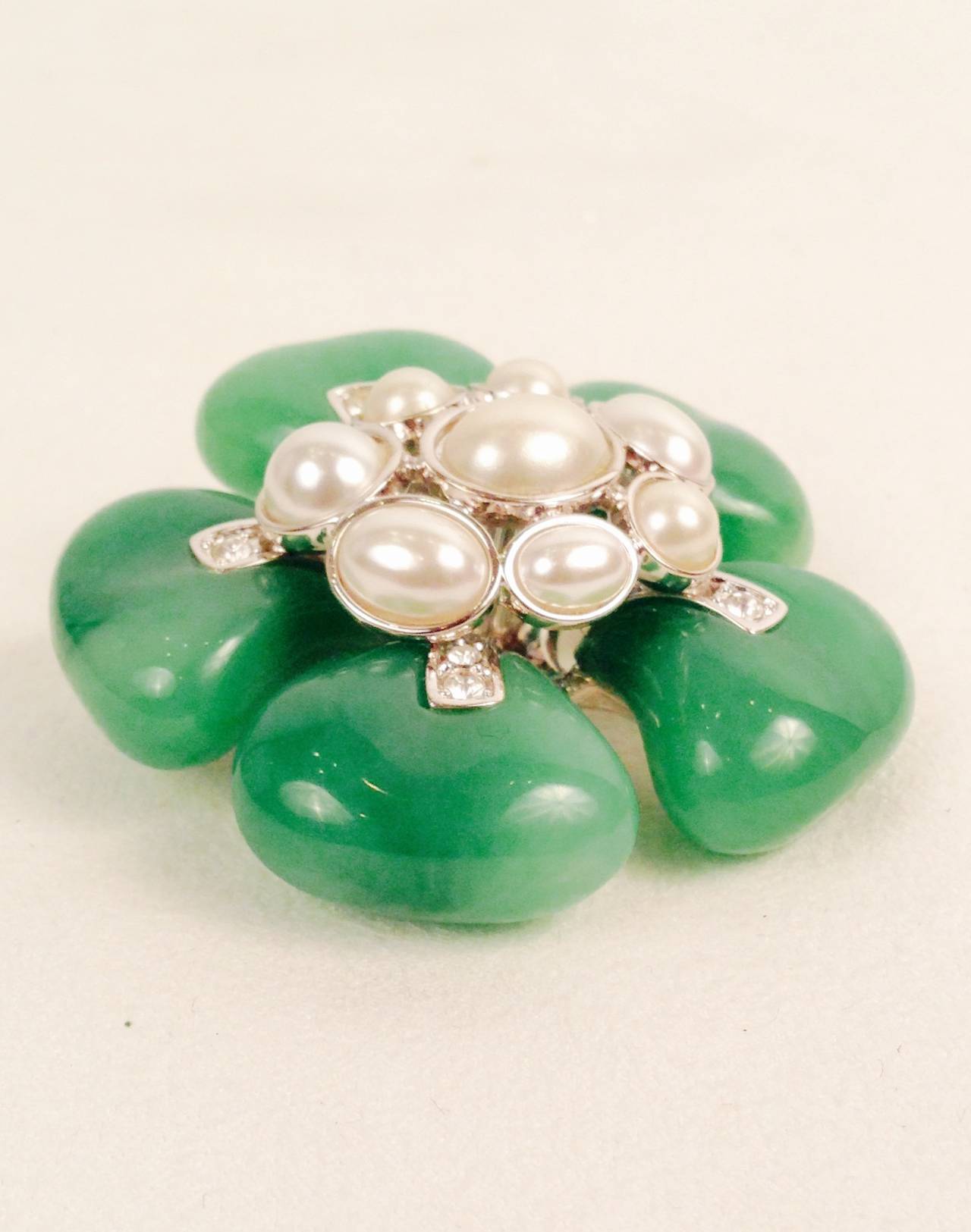 Kenneth Jay Lane Faux Jade and Pearl Brooch With Crystals In New Condition In Palm Beach, FL
