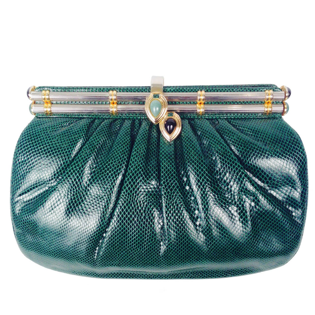 Vintage Judith Leiber Emerald Lizard Evening Convertible Clutch For Sale