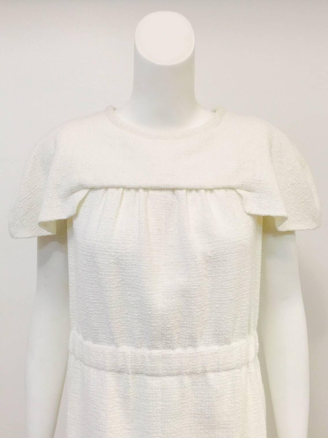 Women's Chanel Ivory Cotton Tweed Dress With Capped Sleeves and Banded Waist